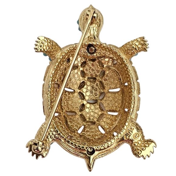 Ciner Turtle Brooch Blue Ballotini  Gold Tone Textured Pin Signed, J63 - Picture 6 of 8